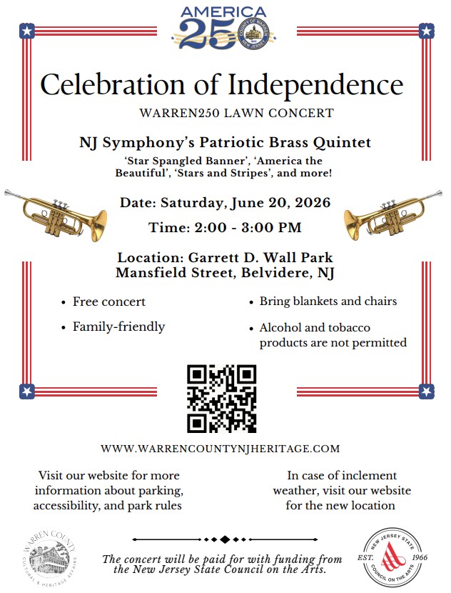 Flyer for Warren 250 Concert on Sat., June 20th (2-3pm) at Garret Wall Park in Belvidere.