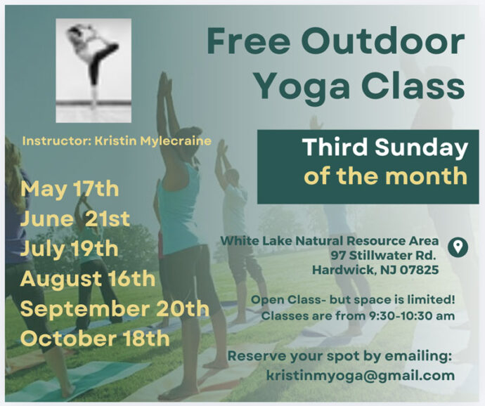 Poster for free outdoor yoga class at White Lake Natural Resource Area.